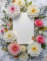 ai generiert Blumen- Hochzeit Einladung Karte Attrappe, Lehrmodell, Simulation, eben legen leeren rahmen, leer Papier mit Blumen- foto