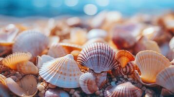 ai generiert Nahansicht von Bündel von verschiedene bunt Muscheln auf Strand im Sand gegen Hintergrund von Meer auf sonnig Sommer- Tag foto