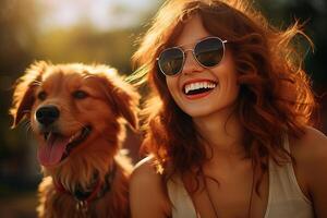 ai generiert glücklich Frau mit Haustier im Natur. Porträt von lächelnd jung Frau im Sonnenbrille mit Hund draußen foto