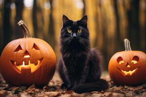 ai generiert unheimlich Halloween schwarz Katze und Orange dekoriert Kürbisse im das Herbst Wald foto