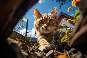ai generiert neugierig Ingwer Haustier Katze Jagd draußen im Garten auf sonnig Tag, Kopf von ein Tier Fischauge foto