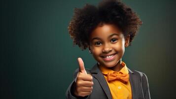 ai generiert glücklich lächelnd afrikanisch amerikanisch Kind Junge im ein passen mit ein Bogen Krawatte zeigen ein mögen Finger Geste während Stehen auf ein Grün Hintergrund mit Kopieren Raum foto