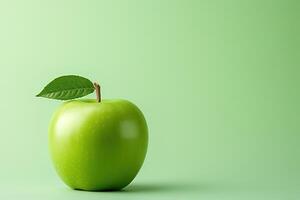 ai generiert Vorderseite Aussicht Grün Apfel mit Blütenblatt auf Grün Hintergrund mit Kopieren Raum, Minimalismus Essen Obst foto