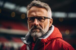 ai generiert Porträt von ein ernst mittleren Alters Erwachsene Mann Fußball Lehrer beim ein draussen Stadion, Fußball Trainer mit Brille auf ein Sport Feld foto