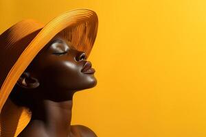 ai generiert weiblich Porträt nackt Schönheit afrikanisch amerikanisch jung Frau im ein Gelb Hut mit geschlossen Augen auf ein Hintergrund mit Kopieren Raum foto