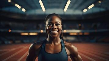 ai generiert glücklich stark sportlich afrikanisch amerikanisch Frau Läufer Ausbildung im Innen- Stadion, Vorderseite Aussicht Porträt foto