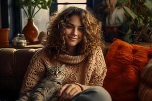 ai generiert nett Ruhe lächelnd jung Frau im gestrickt gemütlich Sweatshirt und mit Haustier Katze zusammen ruhen Sitzung auf Sofa drinnen und suchen beim Kamera foto