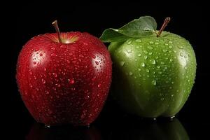 ai generiert Nahansicht von nass Grün und rot reif Apfel auf schwarz Hintergrund mit Wasser Tropfen, Vorderseite Aussicht von Obst foto