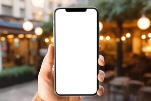 ai generiert Smartphone Attrappe, Lehrmodell, Simulation auf Cafe Hintergrund, Nahansicht von kaukasisch männlich Hand halten Handy, Mobiltelefon Telefon mit Weiß leer Bildschirm auf Straße foto