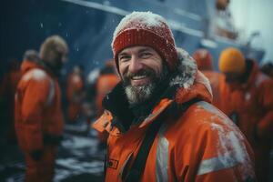 ai generiert glücklich Erwachsene männlich Polar- Forscher Reisender im Oberbekleidung auf Hintergrund von Schiff im Norden suchen beim Kamera foto
