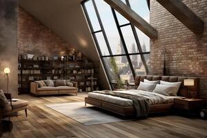 ai generiert Innere Leben Zimmer im Dachgeschoss Stil Design, Schlafzimmer auf Dach foto
