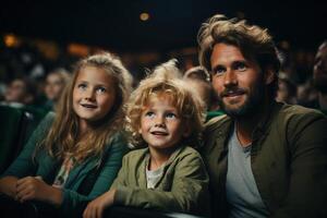 ai generiert Familie beim Kino, Porträt von ein leidenschaftlich Vater, Tochter und Sohn Aufpassen ein Film während Sitzung im Kino Halle foto