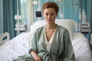 ai generiert Porträt von weiblich geduldig auf Behandlung im Krankenhaus, Frau im Kleid Sitzung auf Bett mit Tropfer und suchen beim Kamera foto