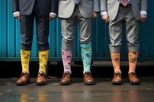 ai generiert seltsam Socken Tag, Anti-Mobbing Woche Sozial Konzept. Nahansicht von ein Mann im Anzüge tragen komisch farbig Socken Stehen draußen foto