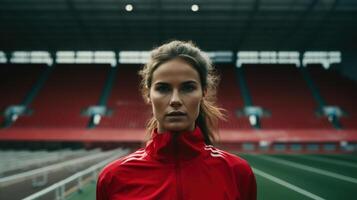 ai generiert ernst motiviert Erwachsene weiblich Athlet im Sportbekleidung Stehen beim das Stadion und suchen beim Kamera foto