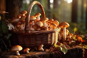 ai generiert Bündel von essbar Pilze im Korbweide Korb im Wald in der Nähe von Baum draußen auf sonnig Abend foto