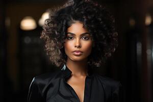 ai generiert elegant schön afrikanisch amerikanisch Frau Modell- mit lockig afro Frisur Stehen drinnen und suchen beim Kamera foto