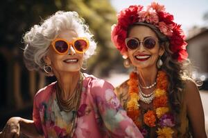 ai generiert Porträt von alt modisch glücklich Freundinnen zusammen im Hippie Kleider draußen. positiv alt Alter Freundschaft foto