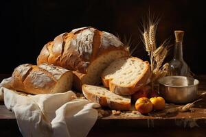 ai generiert Essen immer noch Leben frisch gebacken Brot auf Leinen- Stoff foto