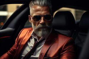 ai generiert stilvoll Reich Erwachsene Geschäftsmann Sitzung im Luxus Auto, erfolgreich Mitte alt kaukasisch Geschäft Mann im passen und Sonnenbrille foto