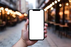 ai generiert Smartphone Attrappe, Lehrmodell, Simulation Stadt Straße, Nahansicht von kaukasisch männlich Hand halten Handy, Mobiltelefon Telefon mit Weiß leer Bildschirm draußen foto