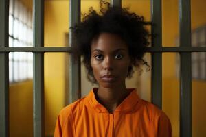 ai generiert Verbrechen, Festnahme Sozial Probleme Konzept. afrikanisch amerikanisch Häftling Frau im Gefängnis, überführen im Orange Kleid im Haft Zelle foto