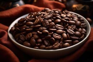 ai generiert braun Kaffee Bohnen im ein Tasse, Nahansicht foto