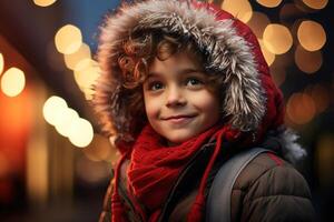 ai generiert Porträt von glücklich lächelnd kaukasisch wenig lockig Junge im mit Kapuze Oberbekleidung suchen Weg auf dekoriert Straße auf Weihnachten Abend foto