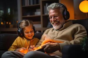 ai generiert glücklich Großvater und Enkelin Hören zu Musik- auf Kopfhörer während Sitzung auf Sofa im Zimmer. Familie haben Spaß zusammen foto