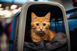 ai generiert flauschige komisch Haustier Ingwer Katze spähen aus von ein Tragen Box drinnen, Transportieren ein Tier foto