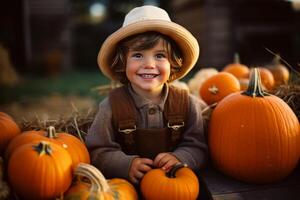 ai generiert Ernte Herbst Urlaub, süß lächelnd Kind Junge Farmer Sitzung im ein Stapel von Kürbisse draußen foto