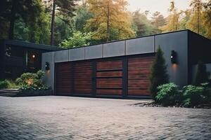 ai generiert Außen modern Garage mit hölzern Tore, minimalistisch Design. Eigentum Schutz foto