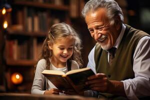 ai generiert glücklich Großvater und Enkelin lesen Buch zusammen, Opa Lehren Portion wenig Mädchen drinnen foto
