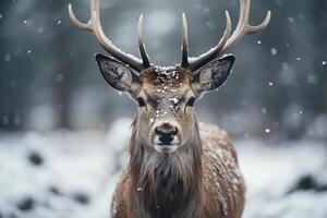 ai generiert schön Hirsch mit Geweih im schneebedeckt Wald auf Winter Tag suchen beim Kamera, Nahansicht. wild Tier Thema foto