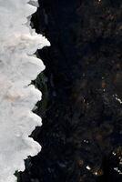 gefroren Strom. Eis in der Nähe von das Ufer. Winter Hintergrund, Kopieren Raum. Vertikale Foto
