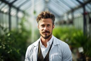 ai generiert Landwirtschaft und Wissenschaft Konzept. jung männlich Wissenschaftler Farmer im Weiß Mantel Stehen im Gewächshaus und suchen beim Kamera foto