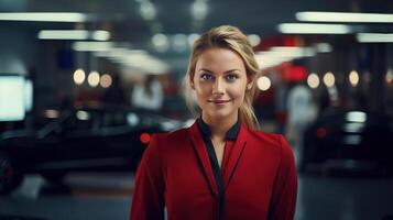 ai generiert schön ziemlich Erwachsene Geschäft Frau im ein rot passen Stehen im ein unter Tage Garage Parkplatz Menge mit ein Auto foto
