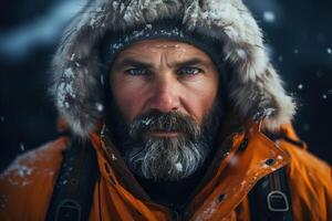 ai generiert Porträt ernst Erwachsene männlich Polar- Forscher im Kapuze suchen beim Kamera auf Winter schneebedeckt kalt Tag, bärtig Mann Reisender draußen foto
