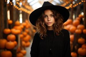 ai generiert Halloween, ziemlich charmant jung kaukasisch Frau im ein Hexe Hut auf Hintergrund von Bündel von Orange Kürbisse foto