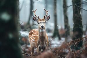 ai generiert Hirsch mit Geweih im ein schneebedeckt Wald auf Winter Tag suchen beim Kamera. wild Tier Thema foto