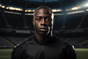 ai generiert Porträt von ein ernst afrikanisch amerikanisch männlich Athlet beim Stadion im das Licht von Scheinwerfer foto