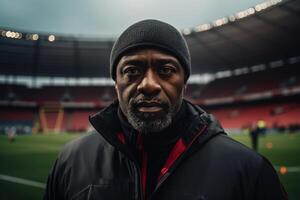 ai generiert Porträt von ein Erwachsene afrikanisch amerikanisch männlich Fußball Trainer im ein Jacke und Hut, ein Sport Lehrer Ausbildung ein Mannschaft beim das Stadion und suchen beim Kamera foto