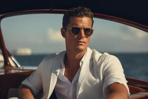 ai generiert Kreuzfahrt, charismatisch gut aussehend Mann im Sonnenbrille entspannend auf ein Yacht, Meer Reise foto
