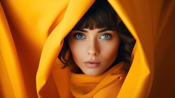 ai generiert Porträt von ein schön jung kaukasisch Frau mit bilden eingewickelt im ein Gelb Stoff suchen beim Kamera foto