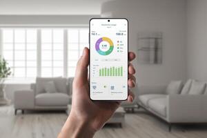 Hand hält Smartphone mit Energie Verbrauch App im Leben Zimmer Innere. Konzept von Clever Zuhause Technologie und effizient Energie Verwaltung foto