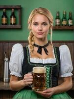 ai generiert jung Frau im traditionell bayerisch Kleidung - - dirndl oder tracht mit halten ein Glas von Bier foto