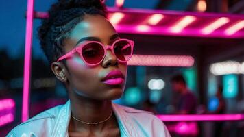ai generiert zärtlich schwarz Mädchen mit Neon- Sonnenbrille foto