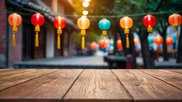 ai generiert leeren Tabelle im Vorderseite von Chinesisch Straße Stadt mit Laternen Hintergrund. zum Produkt Anzeige Montage foto