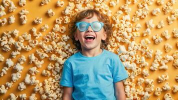 ai generiert ein Junge tragen Blau Brille und Lügen auf Popcorn foto