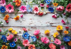 ai generiert bunt Blumen auf rustikal hölzern Hintergrund. Natur mit Farbe im Frühling foto